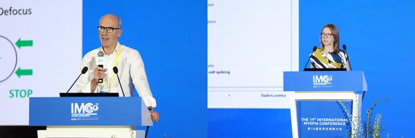 左：依視路陸遜梯卡首席科學(xué)官Norbert Gorny在專題會(huì)上進(jìn)行分享，展望近視管理的未來(lái) 右：依視路陸遜梯卡鏡片創(chuàng)新部，生命與光科學(xué)研發(fā)部Sarah Goethals分享了光學(xué)成像的前瞻研究