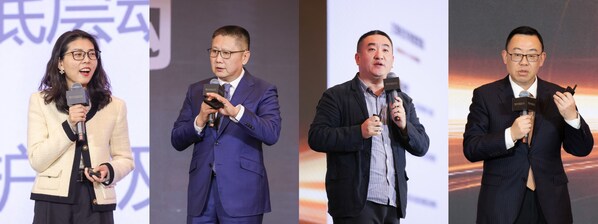 嘉賓分享致辭，左起：波士頓咨詢?nèi)蚝匣锶思娑?、總?jīng)理陳茜女士，聯(lián)合麗格集團(tuán)創(chuàng)始人、董事長(zhǎng)李濱先生，陽(yáng)獅集團(tuán)博睿傳播首席運(yùn)營(yíng)官徐金先生，消費(fèi)者權(quán)益保護(hù)基金會(huì)、理事長(zhǎng)唐健盛先生