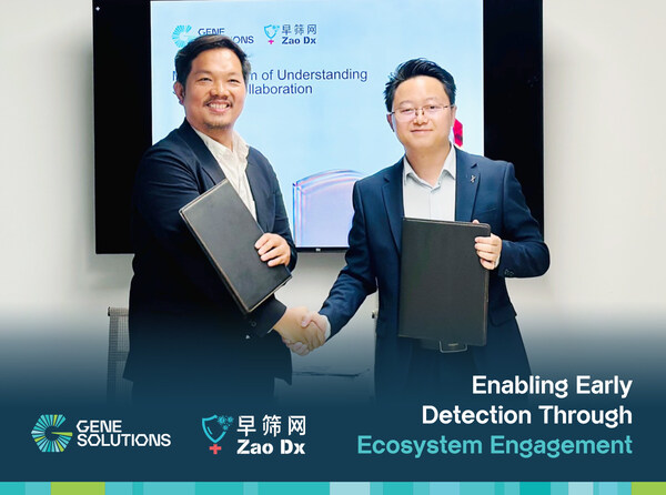 阮懷義博士 – Gene Solutions 的聯(lián)合創(chuàng)始人兼首席執(zhí)行官（左），以及陳贊泉博士 – ZaoDx 的首席執(zhí)行官（右）交換已簽署的合作備忘錄。