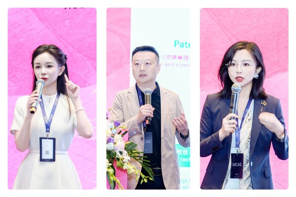 從左至右：肖瑋院長，摩漾生物創(chuàng)始人、董事長林光明先生，劉茜元院長分別在IMCAS大會上分享優(yōu)法蘭產(chǎn)品優(yōu)勢、注射方案及經(jīng)驗(yàn)