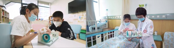 小朋友們正在通過拼搭樂高核磁共振掃描儀模型了解檢查流程